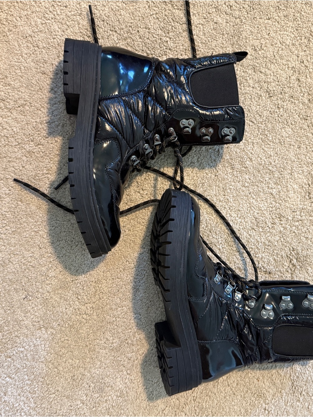 Black Quilted Patent Combat Boots